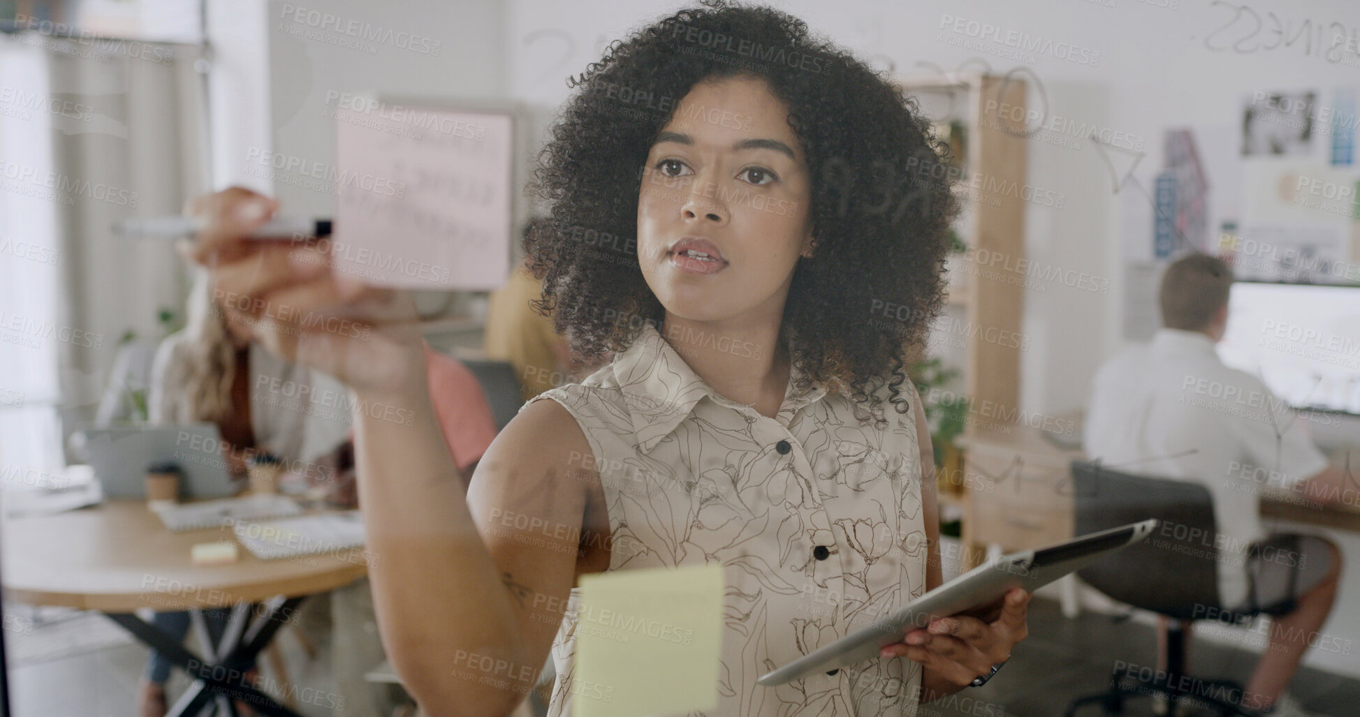 Buy stock photo Sticky note, strategy and business woman with tablet, schedule or agenda for brand consultant. Tech, glass wall and person with creative brainstorming, planning campaign and coworking in office