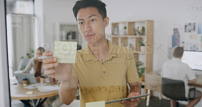 Buy stock photo Sticky note, planning and business man with tablet, schedule or agenda for brand consultant. Tech, glass wall and person with creative brainstorming, campaign strategy and coworking in office