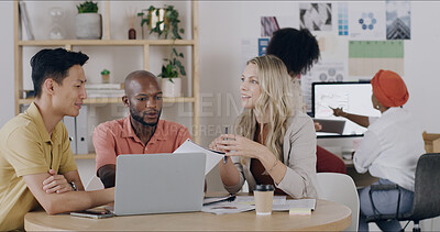 Buy stock photo Documents, laptop and meeting with team in design workplace for planning or project management. Collaboration, computer and conversation with designer people in coworking office for development