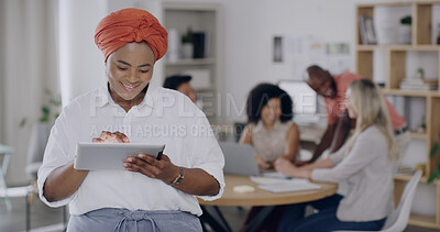 Buy stock photo Happy, leader and woman with tablet, meeting and scroll for campaign results on social media or web. Marketing manager, research and people with tech for brand awareness, online and team in office