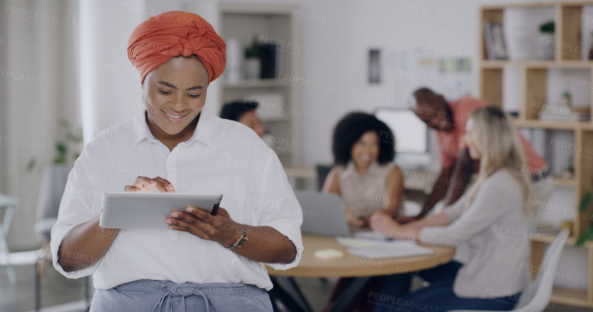 Buy stock photo Happy, leader and woman with tablet, meeting and scroll for campaign results on social media or web. Marketing manager, research and people with tech for brand awareness, online and team in office