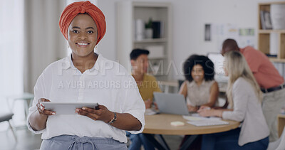 Buy stock photo Portrait, leader and woman with tablet, meeting or confident for ad campaign results on social media. Happy, marketing manager and people with tech for brand awareness, research and team in office