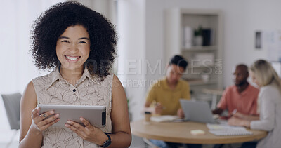Buy stock photo Meeting, portrait and woman with tablet, happy or confident for ad campaign results on social media. Leader, marketing team and people with tech for brand awareness, research and space in office