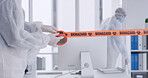 Biohazard tape, team and people in office for safety, cleaning and warning for virus outbreak. PPE, hazmat suit and employees with barrier for emergency, caution and crisis with danger and alert