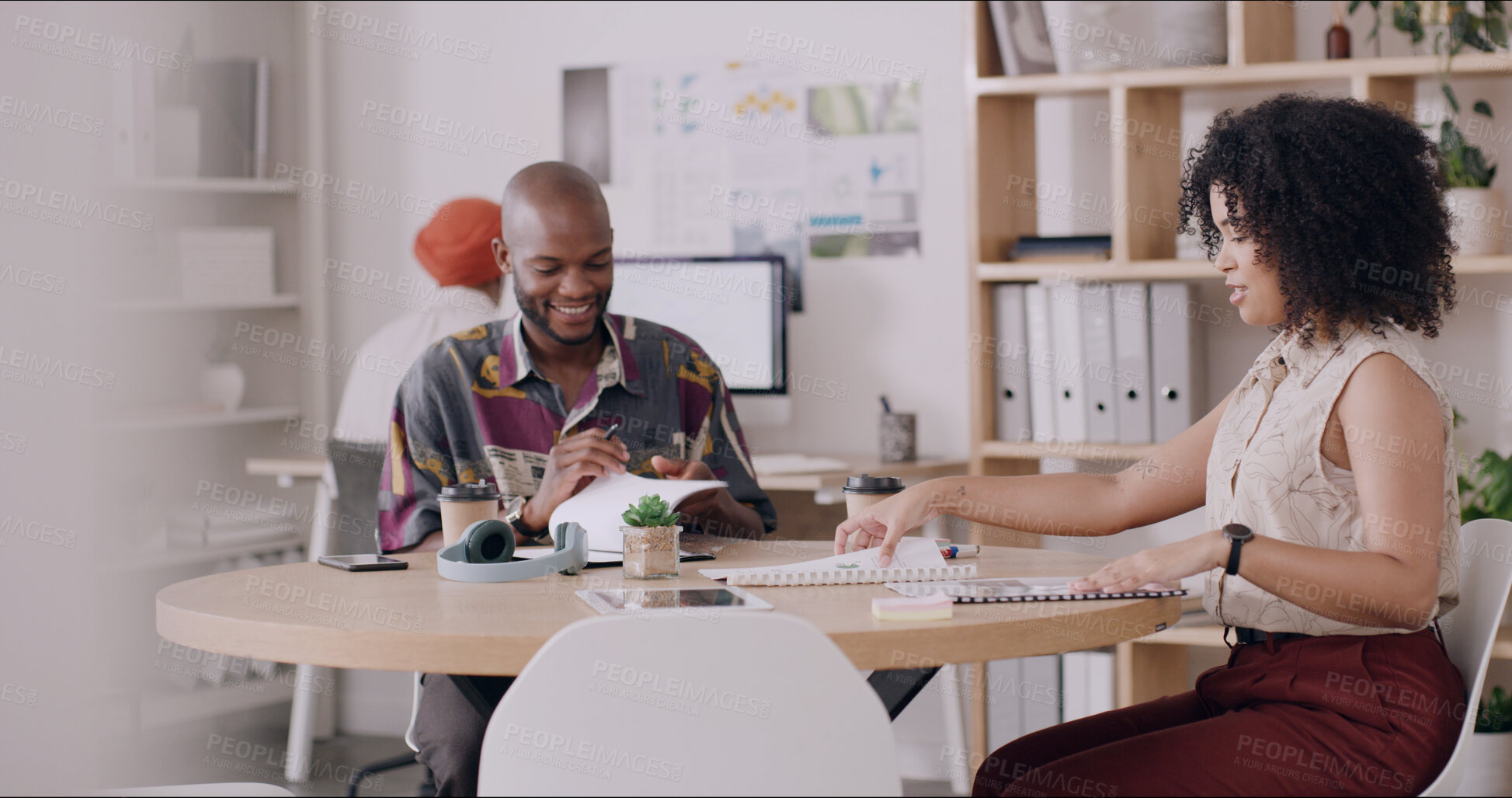 Buy stock photo Creative, people and meeting in office with documents for marketing agency, planning and discussion. Team, coworking and paperwork in workplace for small business strategy, company goals and target.