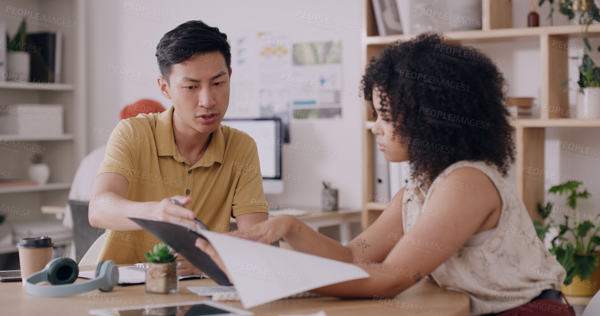 Buy stock photo Documents, creative agency or people in meeting, article feedback and teamwork. Journalists, man and woman in office, publication and cooperation with magazine editor and review manuscript draft