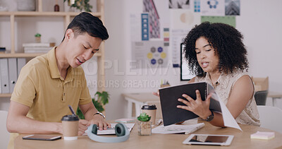 Buy stock photo Man, woman and planning at startup for graphic design, writing and review with documents at office. People, team and talk with notes, proposal or insight for project management at creative agency