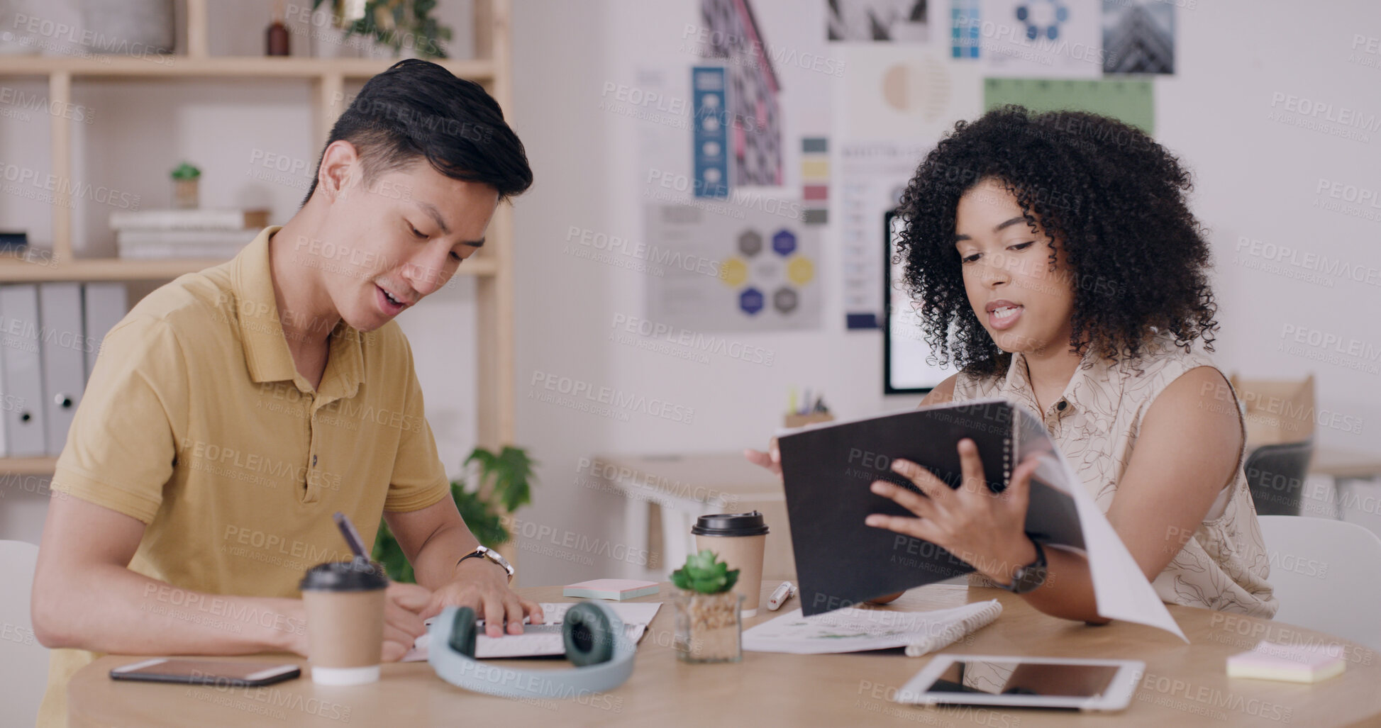 Buy stock photo Man, woman and planning at startup for graphic design, writing and review with documents at office. People, team and talk with notes, proposal or insight for project management at creative agency