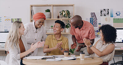 Buy stock photo People, applause and happy with team, graphic design and support for achievement, goals or success. Group, men and women with celebration, motivation and smile for project approval at creative agency