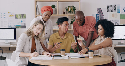 Buy stock photo Editorial team, office meeting or paperwork in creative agency, article feedback or changes for feature. Magazine publication, people and review story draft for grammar, tips or ideas on sticky notes