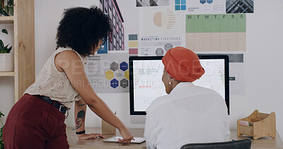 Buy stock photo Woman, computer and team at startup with discussion for business growth, notes and marketing strategy. People, planning and back with notebook, proposal or insight for project at creative agency