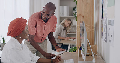 Buy stock photo Meeting, tablet and business people in office with creative team for project collaboration or publishing. Discussion, computer and editor group with tech for feedback, review or workplace advice