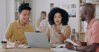 Buy stock photo Collaboration, laptop and meeting with team in design workplace for planning or project management. Computer, conversation and diversity with designer people in coworking office for development