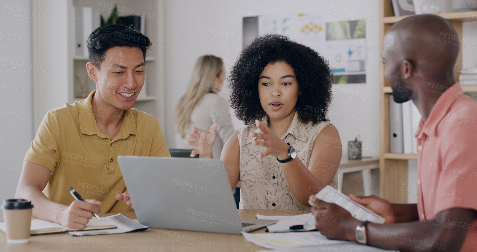 Buy stock photo Collaboration, laptop and meeting with team in design workplace for planning or project management. Computer, conversation and diversity with designer people in coworking office for development