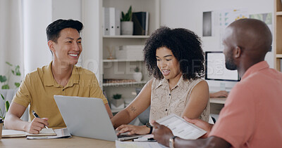 Buy stock photo Happy, team and people with laptop, online and performance review of digital ad on tablet or website. Media buyer, meeting and collaboration with tech for campaign results, strategy and discussion