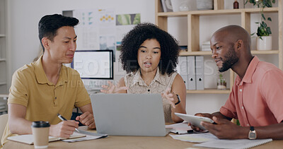 Buy stock photo Talking, team and people with laptop, online and performance review of digital ads on tablet or web. Media buyer, meeting and collaboration with tech for campaign results, strategy and discussion