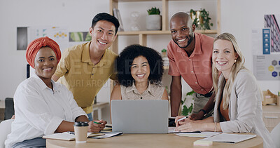 Buy stock photo Portrait, group and people with laptop in office with career pride, about us and graphic designer. Smile, employees and pc for collaboration, marketing team and project management of company branding