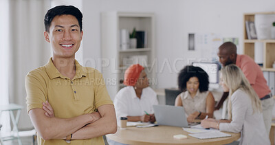 Buy stock photo Portrait, creative and man with arms crossed in meeting for career pride, about us and real estate. Smile, male person and ambition in office, internship and project management for interior designer