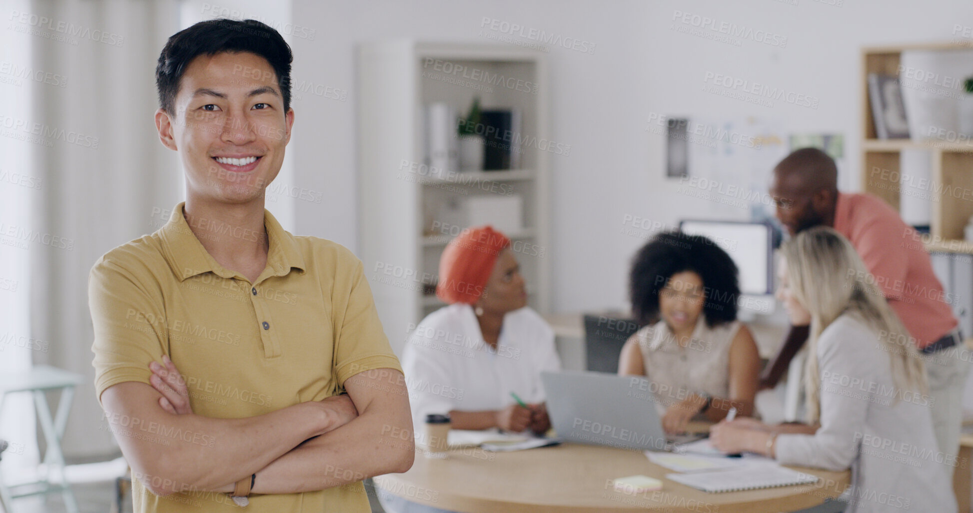 Buy stock photo Portrait, creative and man with arms crossed in meeting for career pride, about us and real estate. Smile, male person and ambition in office, internship and project management for interior designer