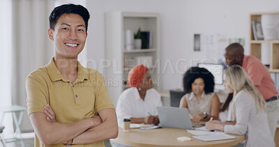 Buy stock photo Portrait, creative and man with arms crossed in office for career pride, about us and real estate. Smile, male person and ambition in meeting, internship and project management for interior designer