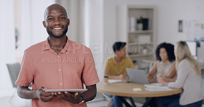 Buy stock photo Portrait, leader and man with tablet, office and research for brand awareness on social media or web. Happy, marketing manager and people with tech for ad campaign, space and colleagues in meeting