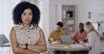 Arms crossed, portrait and serious with designer woman in office for leadership or project management. About us, creative and design with confident employee in workplace for company development