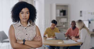 Buy stock photo Arms crossed, portrait and serious with designer woman in office for leadership or project management. About us, creative and design with confident employee in workplace for company development