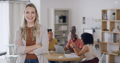Buy stock photo Portrait, creative and woman with arms crossed in office for career pride, about us and real estate. Smile, female person and ambition in meeting, internship and project manager for interior designer