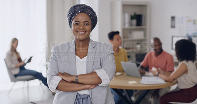 Buy stock photo Portrait, smile and business owner with woman in office for publisher, about us and arms crossed. Confidence, entrepreneur and media marketing with person in startup agency for magazine editor