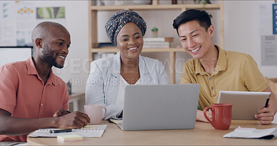 Buy stock photo Meeting, laptop and business people in office with creative team for project collaboration or publishing. Discussion, tablet and editor group with tech for feedback, review or workplace advice