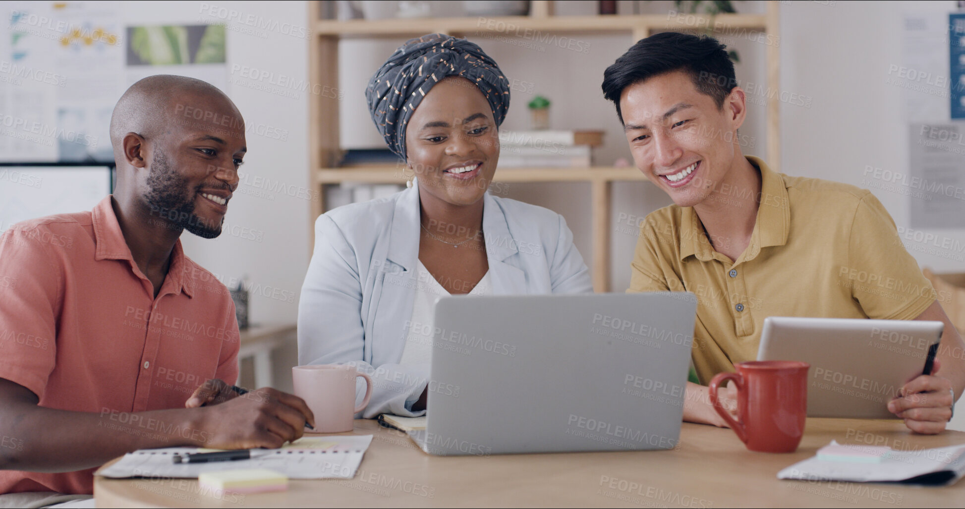 Buy stock photo Meeting, laptop and business people in office with creative team for project collaboration or publishing. Discussion, tablet and editor group with tech for feedback, review or workplace advice