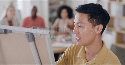 Buy stock photo Employee, talking and man with board, presentation and strategy for brand awareness or brainstorming. Boardroom, coaching and marketing manager with ideas for business growth, meeting and planning