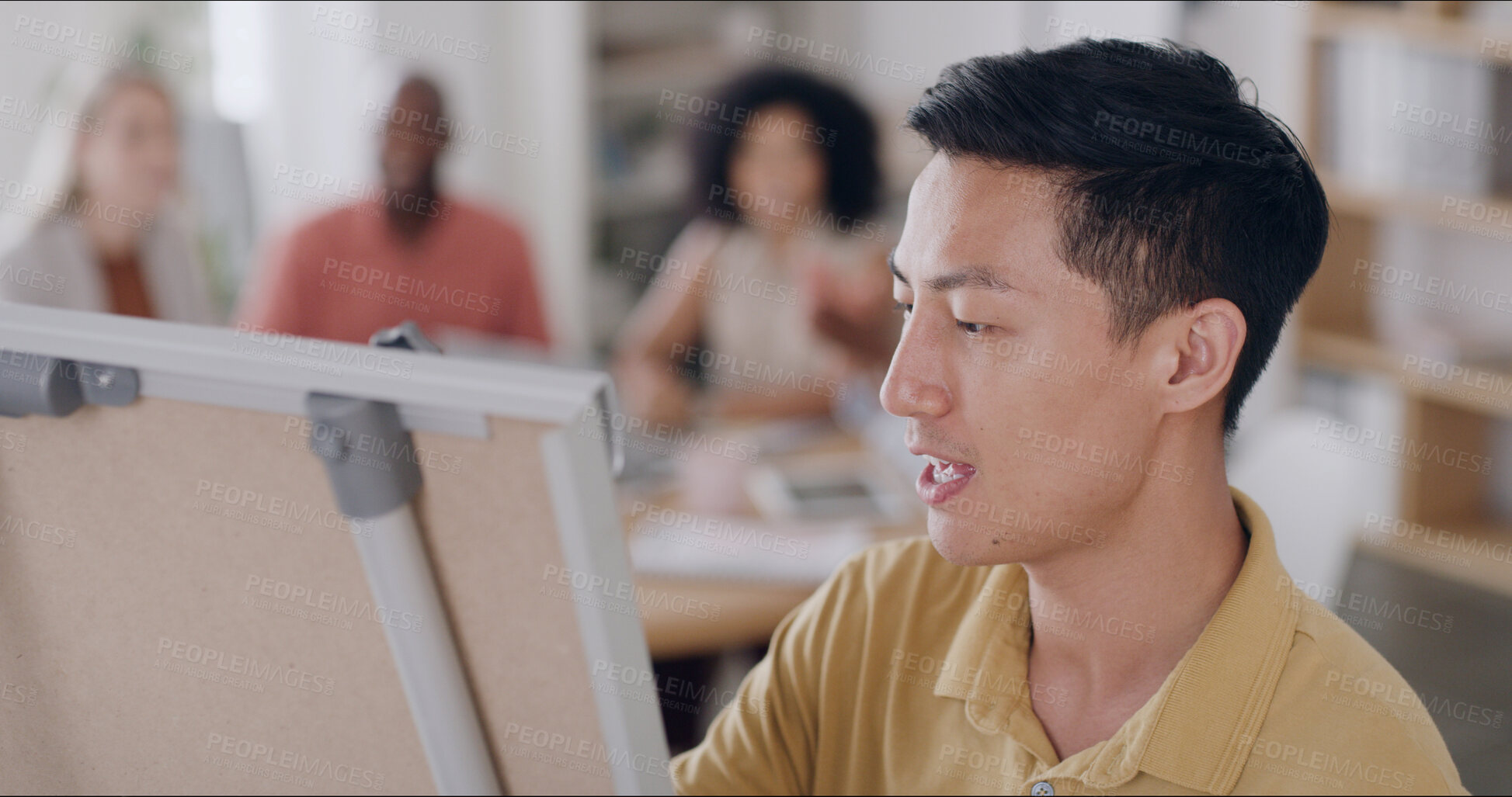 Buy stock photo Employee, talking and man with board, presentation and strategy for brand awareness or brainstorming. Boardroom, coaching and marketing manager with ideas for business growth, meeting and planning