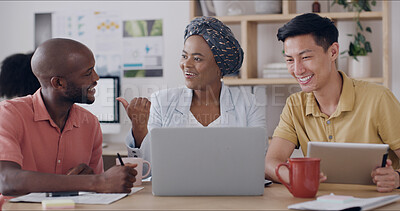 Buy stock photo Media agency, laptop and people in meeting, planning and feedback for news report. Magazine editor, journalists and employees in office, cooperation or tech for editing, smile or proposal for article