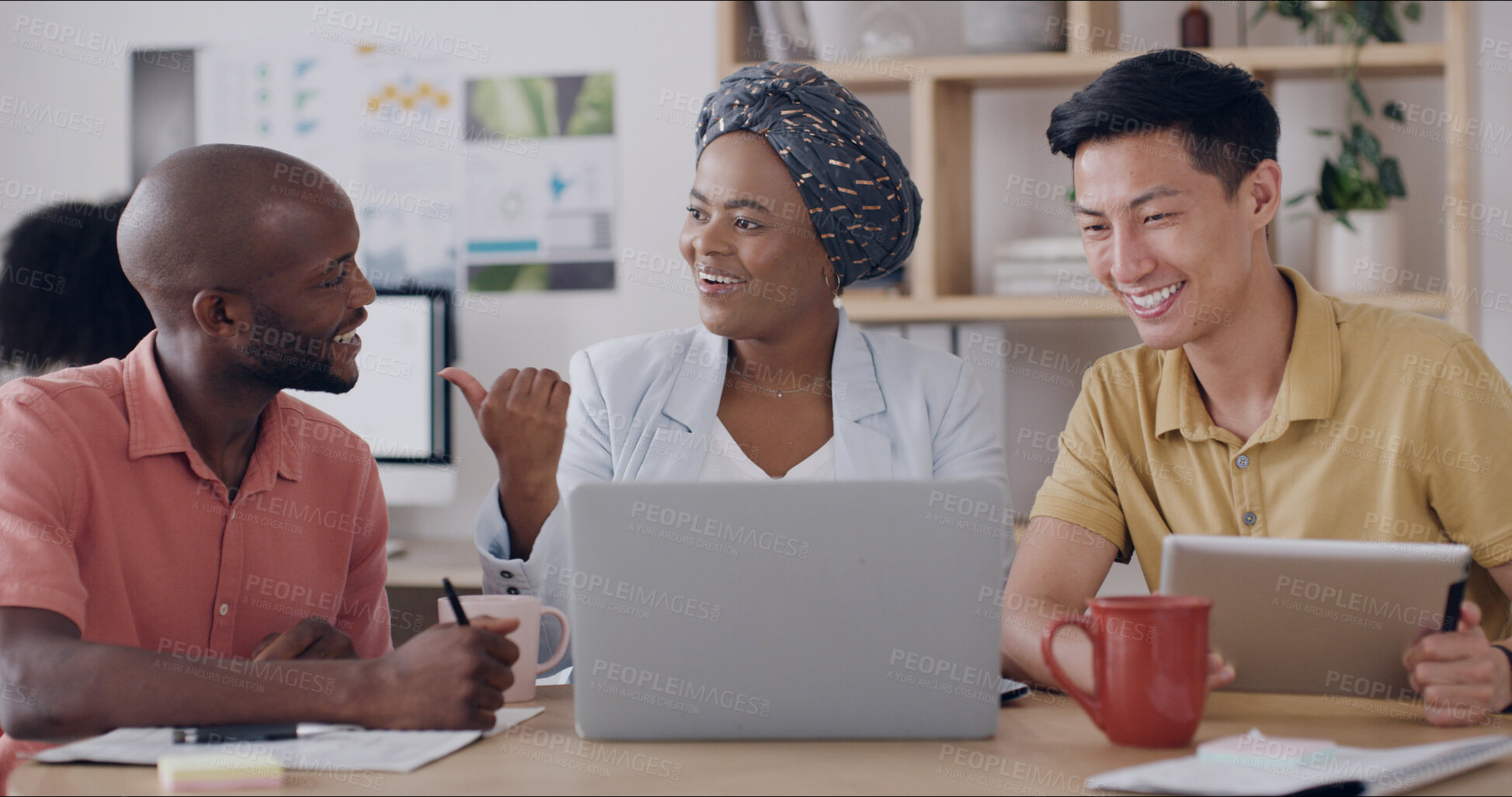 Buy stock photo Media agency, laptop and people in meeting, planning and feedback for news report. Magazine editor, journalists and employees in office, cooperation or tech for editing, smile or proposal for article