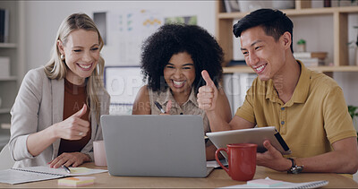 Buy stock photo Meeting, laptop and business people in office with thumbs up for project collaboration or publishing. Discussion, tablet and editor group with tech for creative feedback, review or draft approval