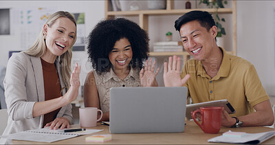 Buy stock photo Video call, laptop and business people in office with wave for project collaboration or publishing. Discussion, tablet and group with online meeting for creative feedback, communication or approval