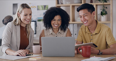 Buy stock photo Media agency, laptop and people in meeting, excited and positive feedback for news report. Magazine editor, smile and journalists in office, cooperation or tech with happiness or proposal for article