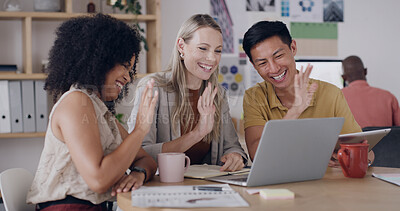 Buy stock photo Video call, laptop and business people in office with wave for project collaboration or publishing. Discussion, tablet and editor group with online meeting for feedback, internet review or approval