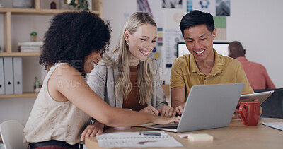 Buy stock photo Media agency, laptop and people in office, smile and feedback for news report. Magazine editor, journalists or employees in meeting, teamwork or tech for email, online reading or proposal for article