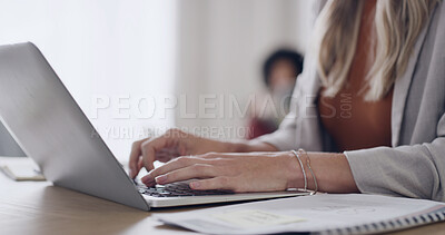 Buy stock photo Laptop, hands and businesswoman in office with typing for creative project with online email. Research, technology and female magazine editor working on article with publishing at startup agency.