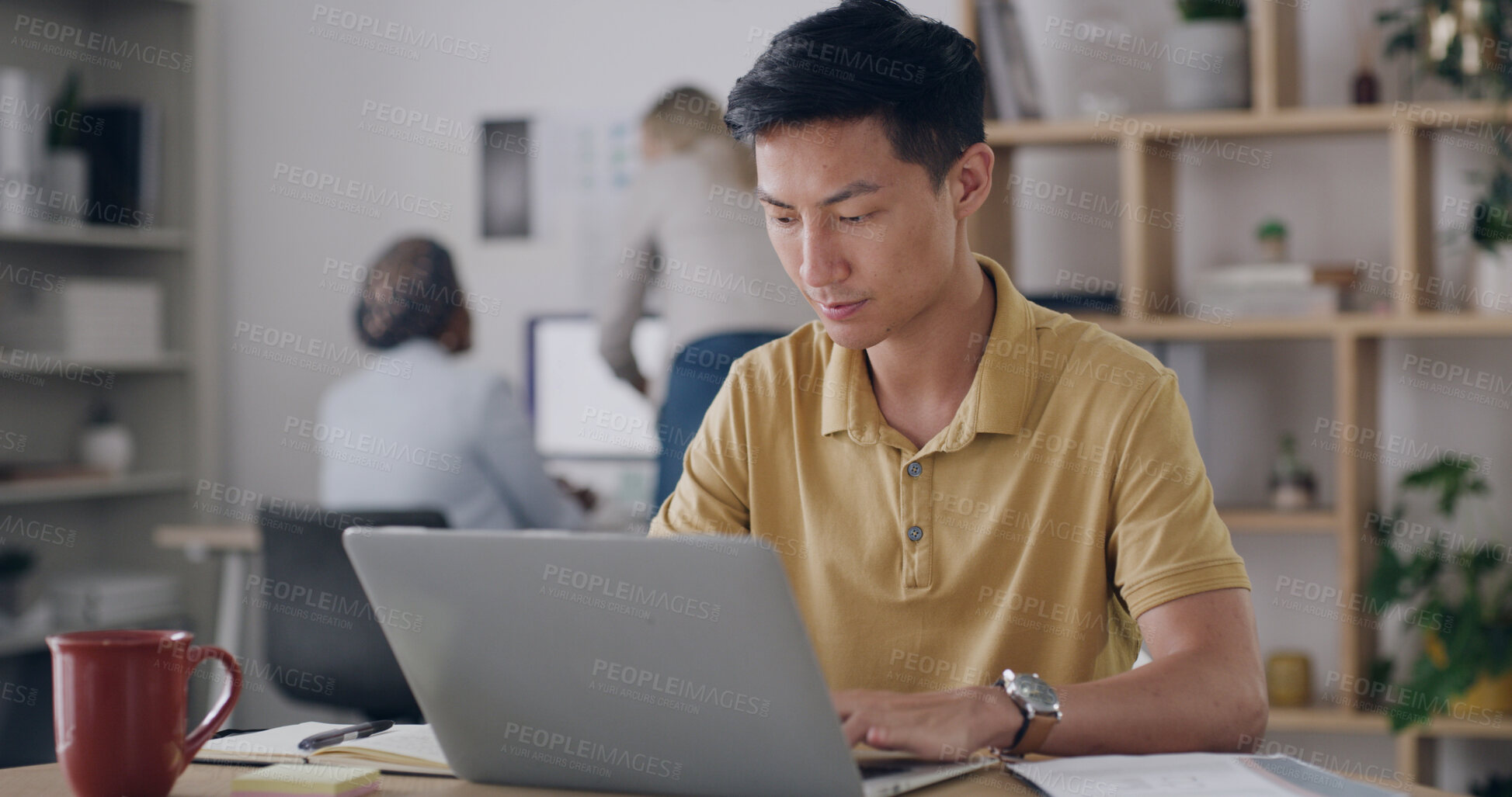 Buy stock photo Laptop, typing and businessman in office with research for creative project with online email. Smile, technology and male magazine editor working on article with publishing at startup agency.