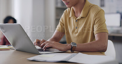 Buy stock photo Laptop, documents and businessman in office with research for creative project with online email. Paperwork, technology and male magazine editor working on article with publishing at startup agency.