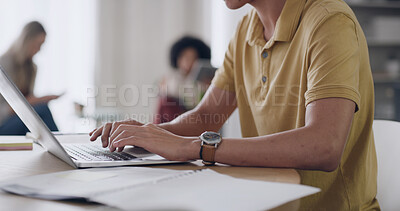 Buy stock photo Business person, laptop and hands for document, article comparison or review in creative office. Journalist, typing or tech in agency for website update, topic research or paperwork for planning
