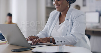 Buy stock photo Laptop, smile and businesswoman in office with research for creative project with online email. Typing, technology and female magazine editor working on article with publishing at startup agency.