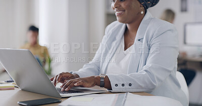 Buy stock photo Business woman, laptop and hands for document, article comparison or review in creative office. Journalist, typing or tech in agency for website update, topic research or paperwork for planning