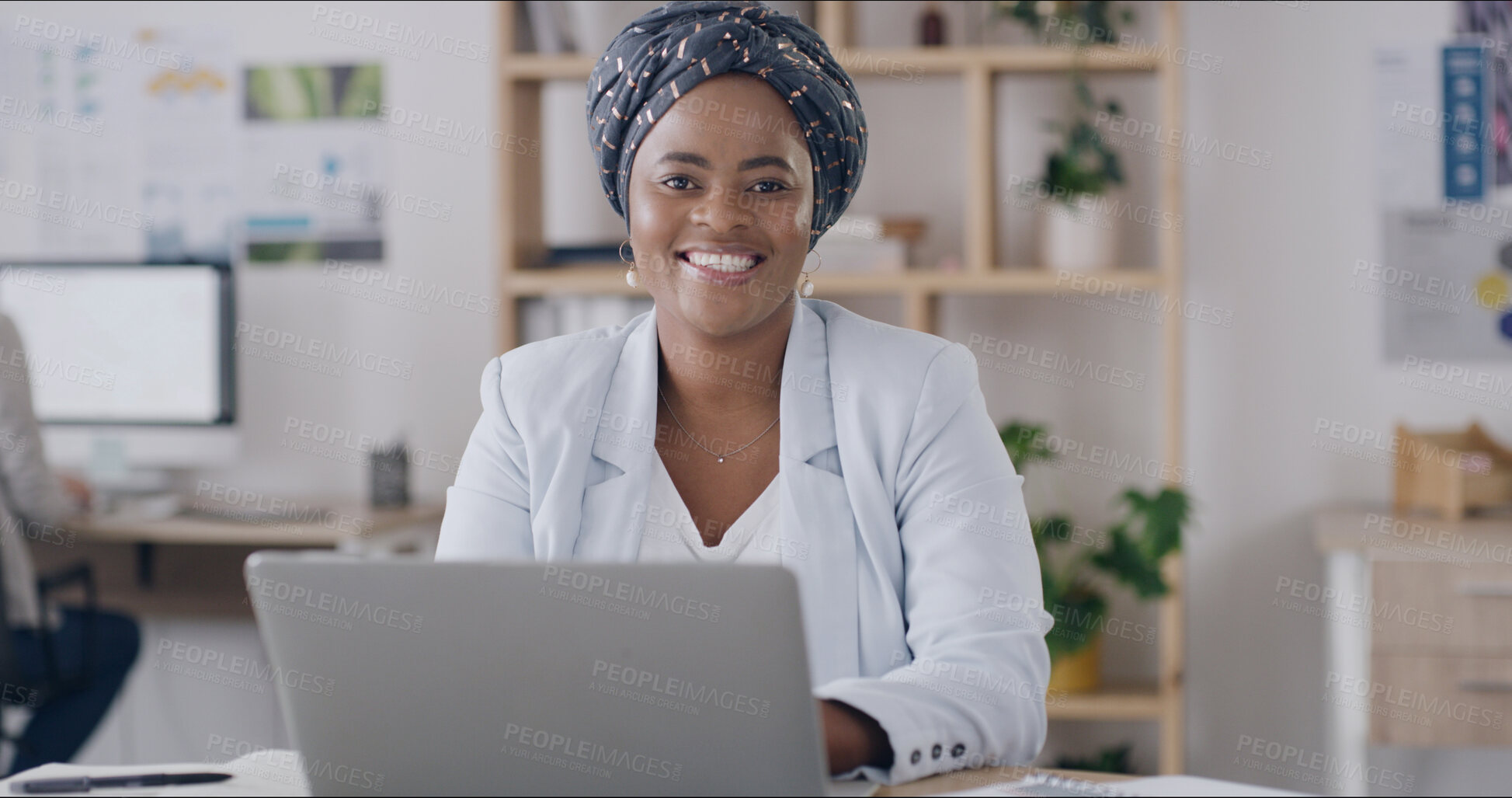 Buy stock photo Media agency, laptop and woman with smile, portrait and research for news report. Happy, person or journalist in workplace, computer and magazine website with internet, confidence and career ambition