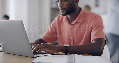 Buy stock photo Businessman, laptop and document for creativity, article comparison or review in creative office. Journalist, typing or tech in agency for website update, topic research or paperwork for planning
