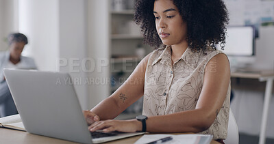 Buy stock photo Creative agency, typing and woman in office, laptop and check facts for article. People, deadline and journalist with pc, company newsletter and magazine editor with internet and research for report