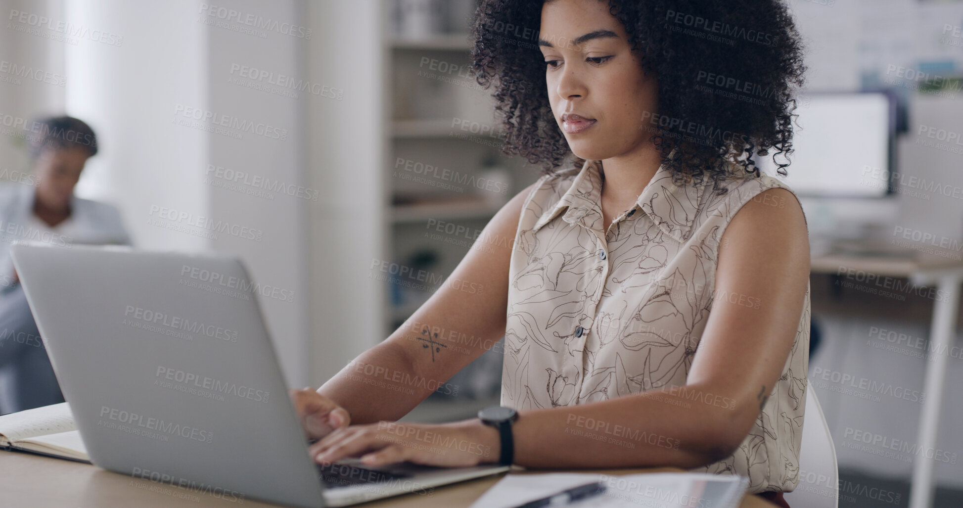 Buy stock photo Creative agency, typing and woman in office, laptop and check facts for article. People, deadline and journalist with pc, company newsletter and magazine editor with internet and research for report